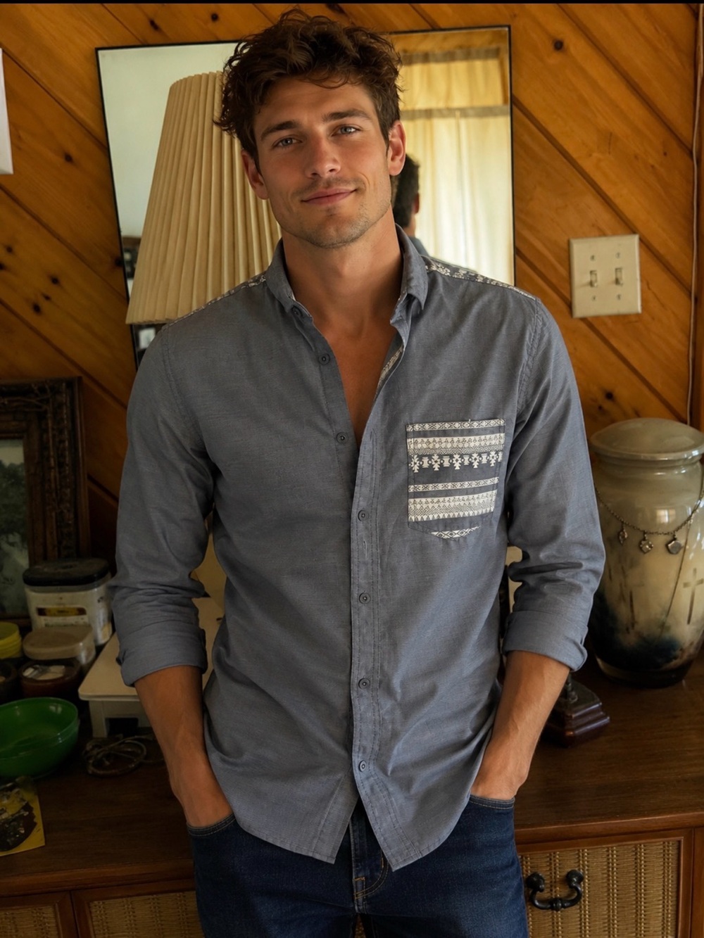 Men's Blue Chambray Button-Down Shirt with Patterned Pocket small